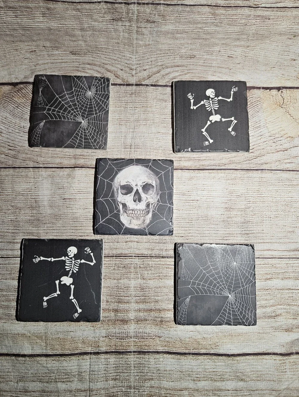 Gothic spooky halloween skeleton spiderweb drink coasters